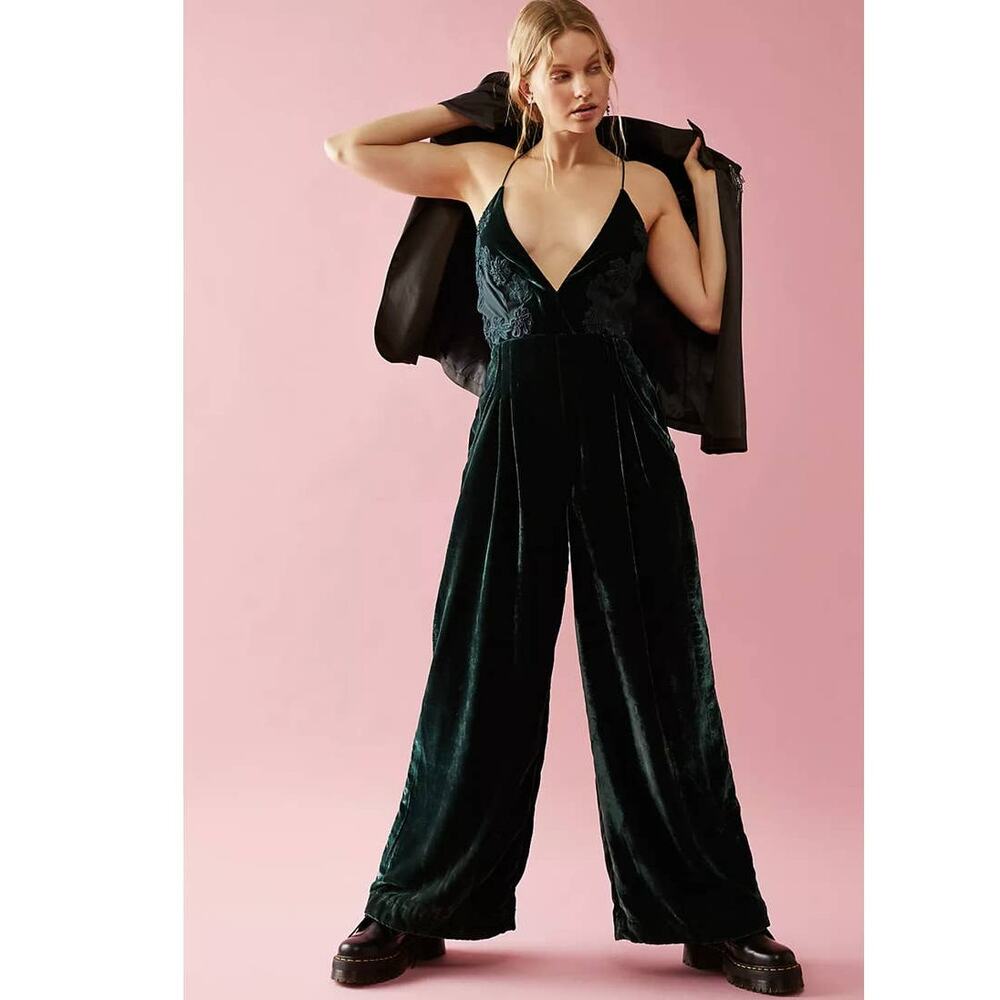 New Free People Blake Velvet One Piece JUMPSUIT $225 SIZE 2 Green HOLIDAY PARTY - Picture 4 of 7